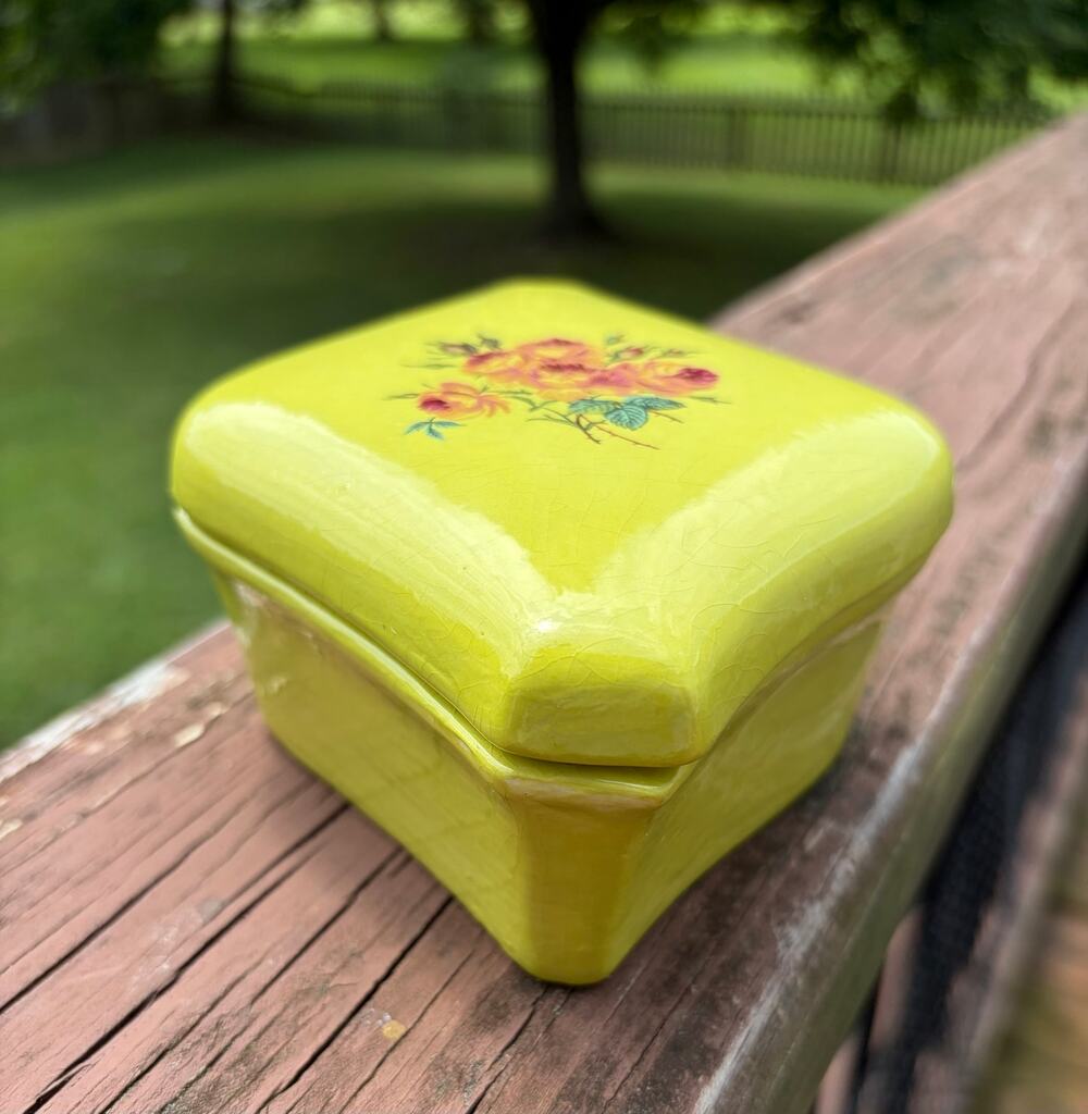 Vintage Ceramic Bright Yellow Trinket Box with Floral Pattern - Diamond Shaped